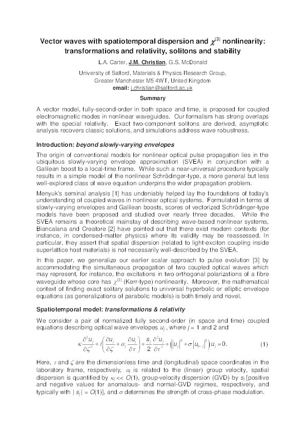 Vector waves with spatiotemporal dispersion and \chi(3) nonlinearity : transformations and relativity, solitons and stability Thumbnail