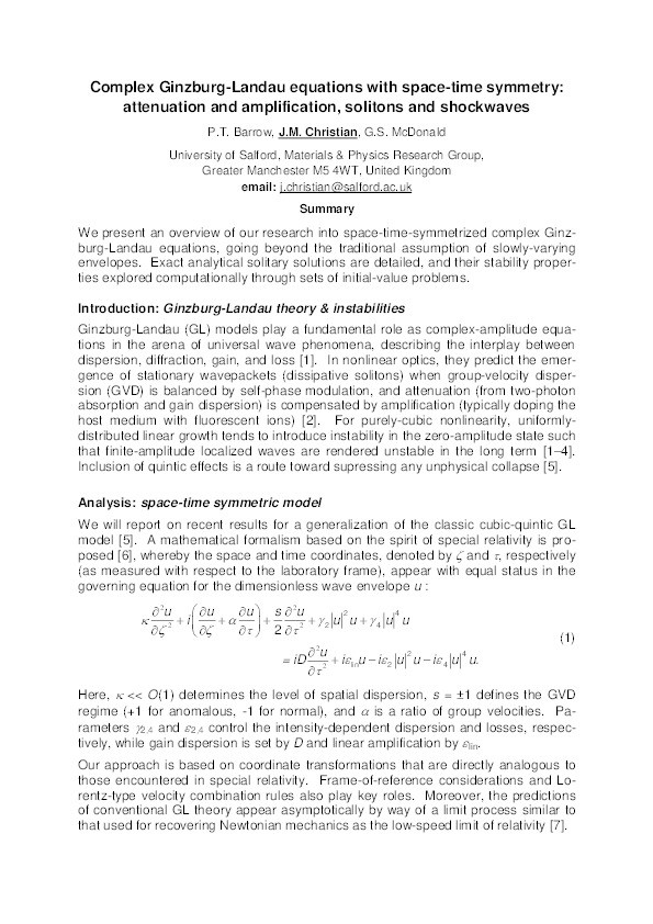 Complex Ginzburg-Landau equations with space-time symmetry : attenuation and amplification, solitons and shockwaves Thumbnail