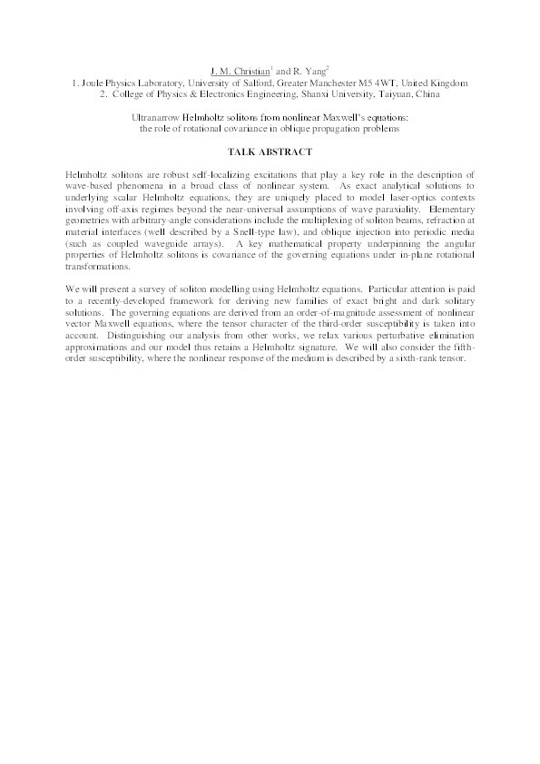 Ultranarrow Helmholtz solitons from nonlinear Maxwell’s equations : the role of rotational covariance in oblique propagation problems Thumbnail