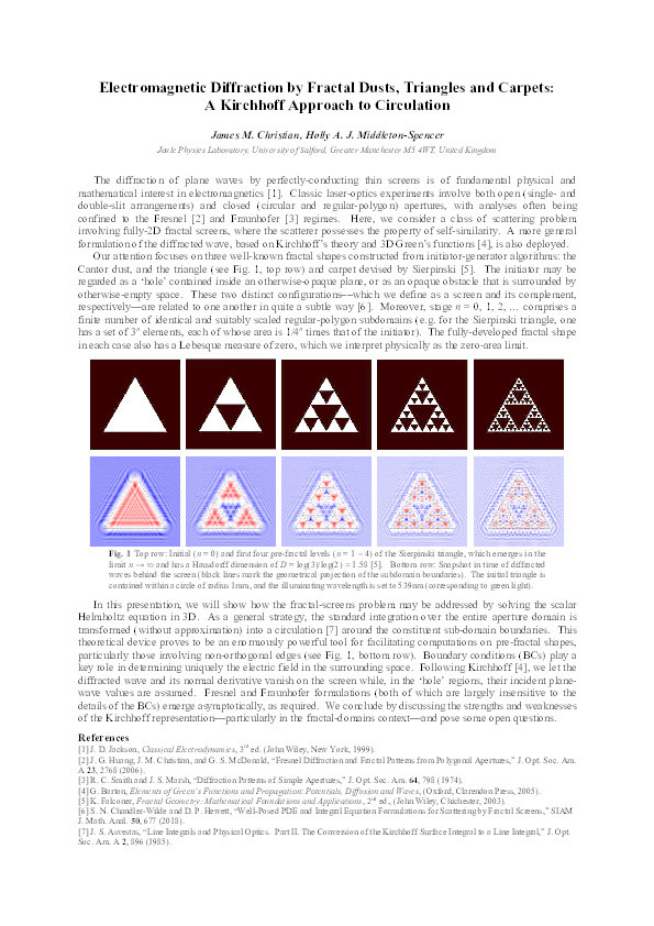 Electromagnetic diffraction by fractal dusts, triangles and carpets :
a Kirchhoff approach to circulation Thumbnail