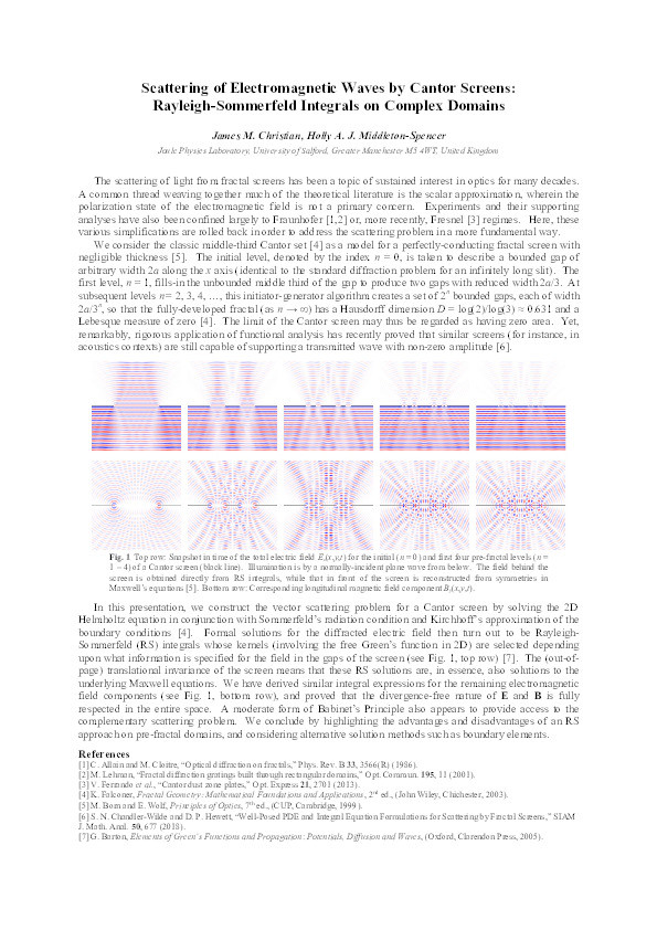 Scattering of electromagnetic waves by cantor screens : Rayleigh-Sommerfeld integrals on complex domains Thumbnail