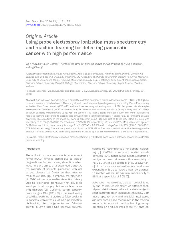 Using probe electrospray ionization mass spectrometry and machine learning for detecting pancreatic cancer with high performance Thumbnail