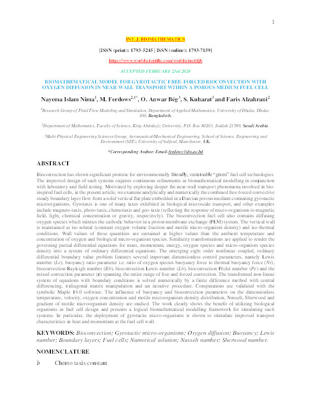 Biomathematical model for gyrotactic free-forced bioconvection with oxygen diffusion in near-wall transport within a porous medium fuel cell Thumbnail