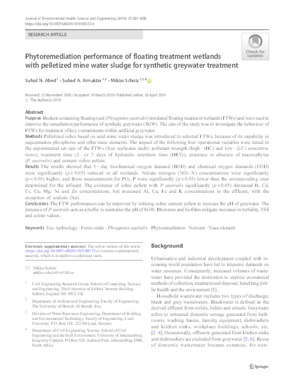 Phytoremediation performance of floating treatment wetlands with pelletized mine water sludge for synthetic greywater treatment Thumbnail