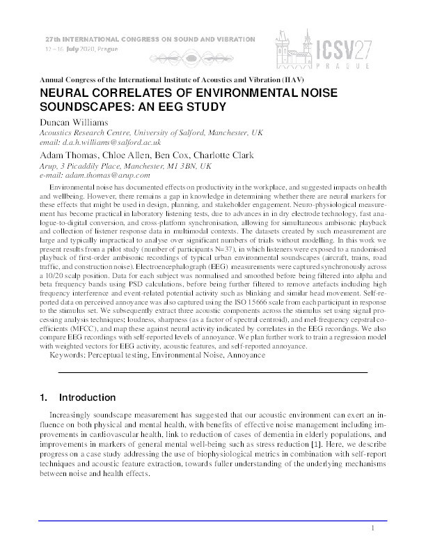 Neural correlates of environmental noise soundscapes : an EEG study Thumbnail