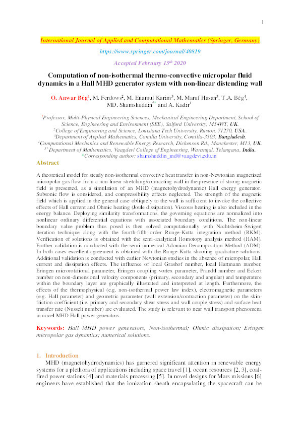 Computation of non-isothermal thermo-convective micropolar fluid dynamics in a Hall MHD generator system with non-linear distending wall Thumbnail