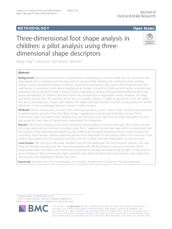 Three-dimensional foot shape analysis in children : a pilot analysis using three-dimensional shape descriptors Thumbnail