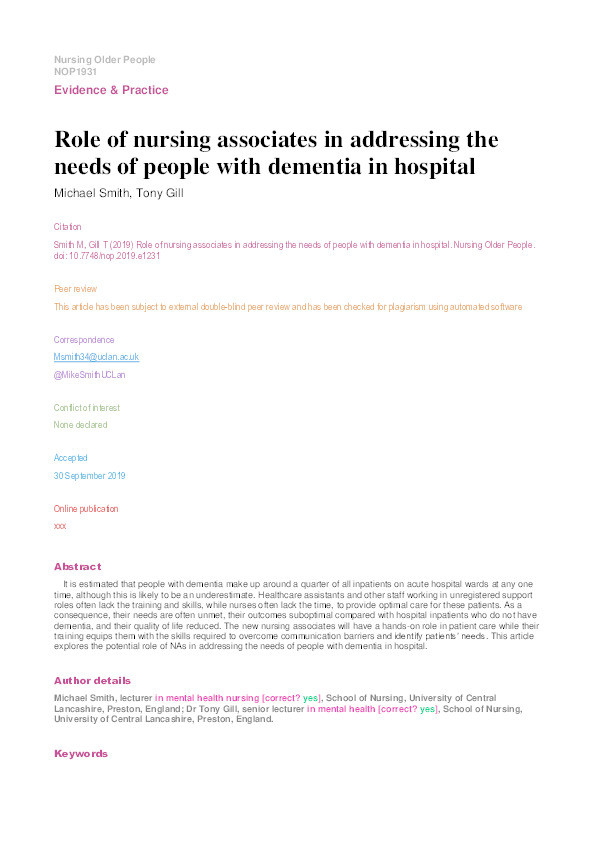 Role of nursing associates in addressing the needs of people with dementia in hospital Thumbnail