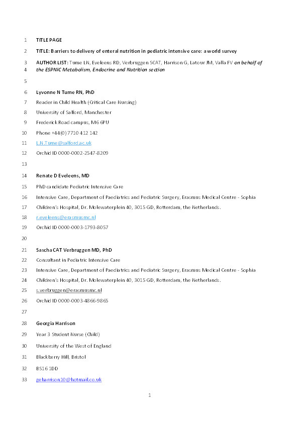 Barriers to delivery of enteral nutrition in pediatric intensive care : a world survey Thumbnail