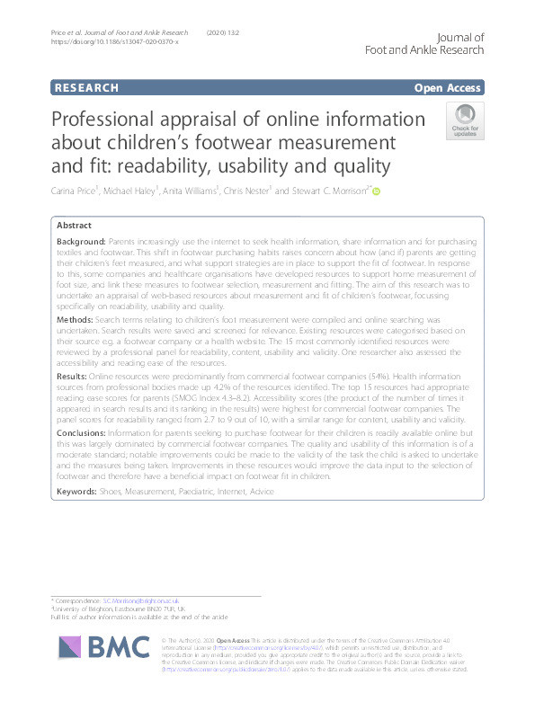 Professional appraisal of online information about children’s footwear measurement and fit : readability, usability and quality Thumbnail