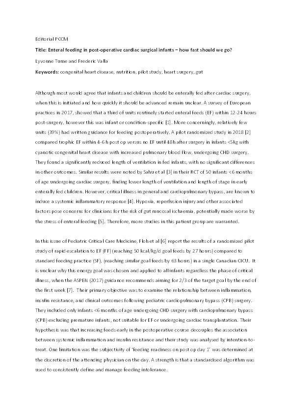 Enteral feeding in post-operative cardiac surgical infants – how fast should we go? Thumbnail