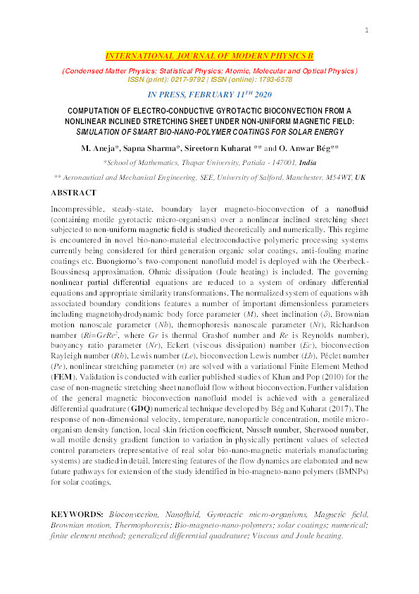 Computation of electroconductive gyrotactic bioconvection from a nonlinear inclined stretching sheet under non-uniform magnetic field : simulation of smart bio-nano-polymer coatings for solar energy Thumbnail