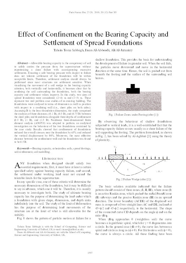 Effect of confinement on the bearing capacity and
settlement of spread foundations Thumbnail