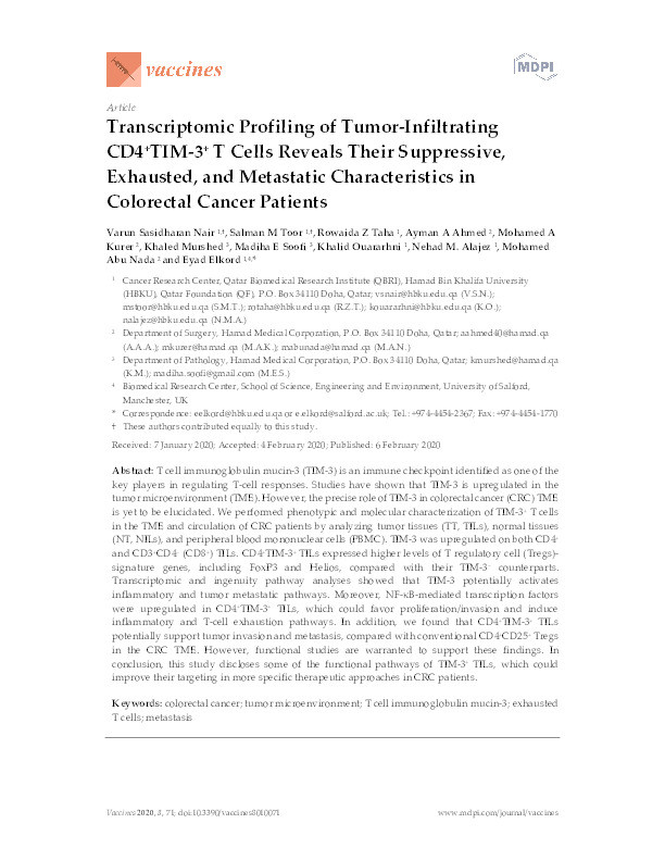 Transcriptomic profiling of tumor-infiltrating CD4 + TIM-3 + T Cells reveals their suppressive, exhausted, and metastatic characteristics in colorectal cancer patients Thumbnail