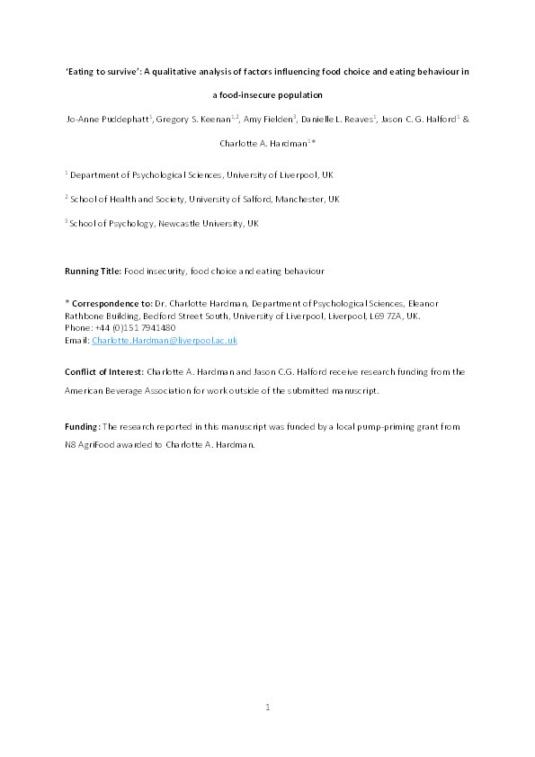 ‘Eating to survive’ : a qualitative analysis of factors influencing food choice and eating behaviour in a food-insecure population Thumbnail