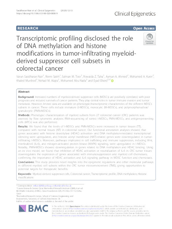 Transcriptomic profiling disclosed the role of DNA methylation and histone modifications in tumor-infiltrating myeloid-derived suppressor cell subsets in colorectal cancer Thumbnail