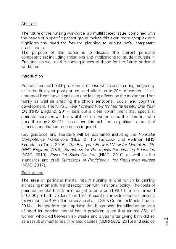 Perinatal mental health : preparing the future nursing workforce Thumbnail