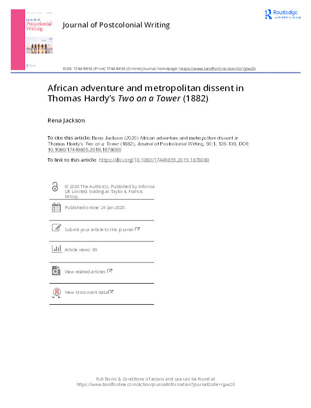 African adventure and metropolitan dissent in Thomas Hardy’s Two on a Tower (1882) Thumbnail