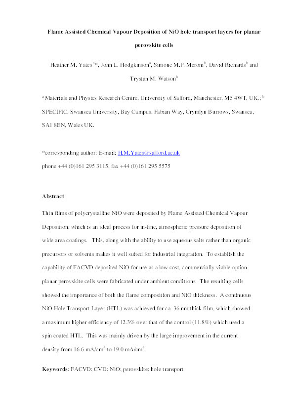 Flame assisted chemical vapour deposition of NiO hole transport layers for planar perovskite cells Thumbnail