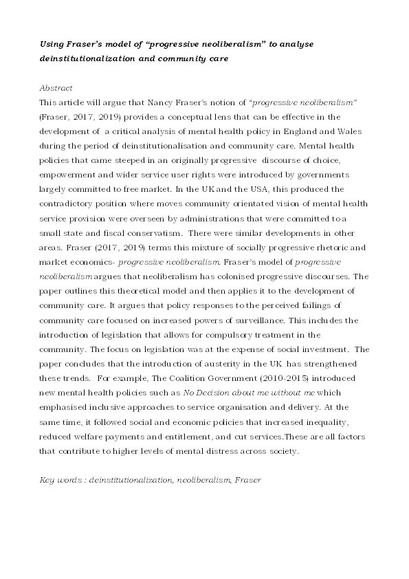 Using Fraser’s model of “progressive neoliberalism” to analyse deinstitutionalization and community care Thumbnail