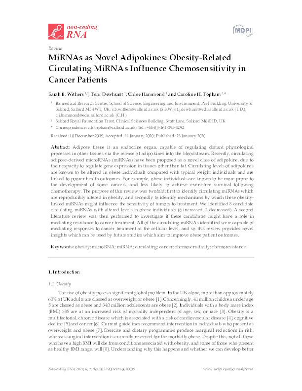 MiRNAs as novel adipokines : obesity-related circulating MiRNAs influence chemosensitivity in cancer patients Thumbnail