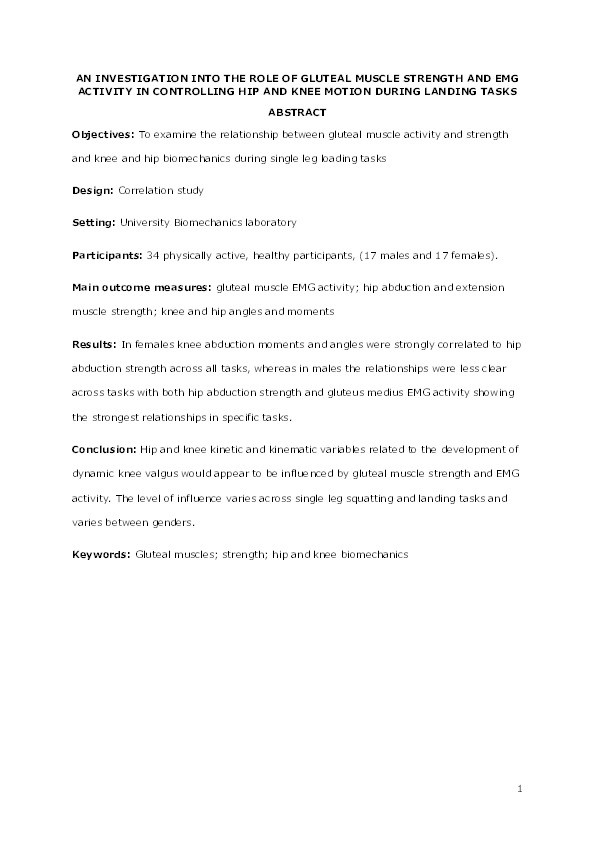 An investigation into the role of gluteal muscle strength and EMG activity in controlling hip and knee motion during landing tasks Thumbnail