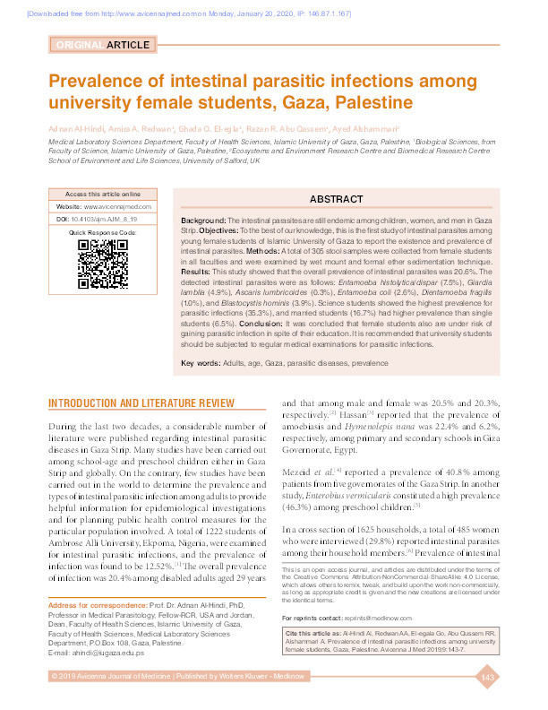 Prevalence of intestinal parasitic infections among university female students, Gaza, Palestine Thumbnail
