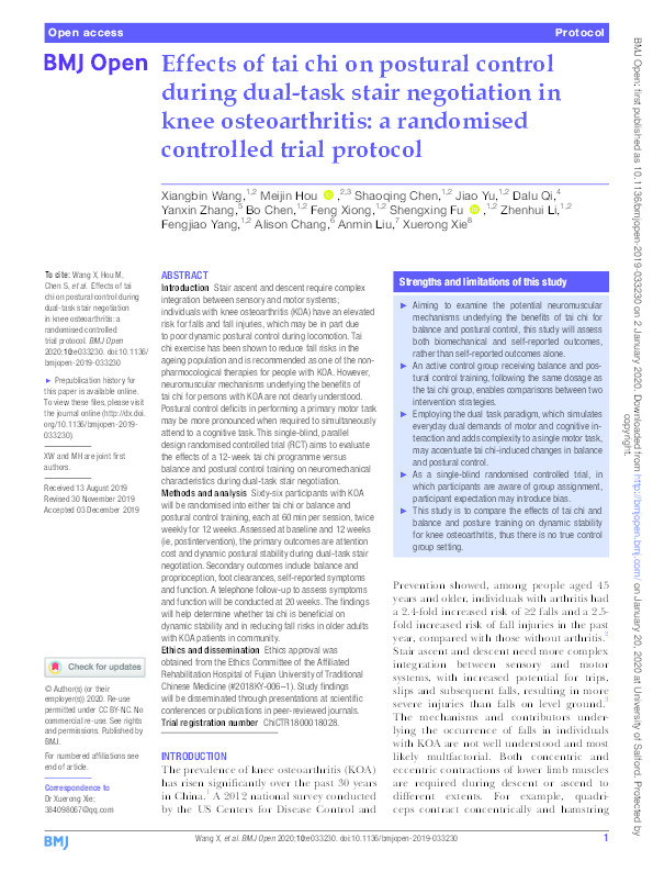Effects of tai chi on postural control during dual-task stair negotiation in knee osteoarthritis : a randomised controlled trial protocol Thumbnail