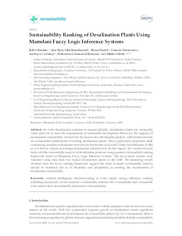 Sustainability ranking of desalination plants using Mamdani Fuzzy Logic Inference Systems Thumbnail