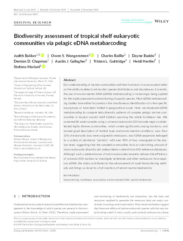 Biodiversity assessment of tropical shelf eukaryotic communities via pelagic eDNA metabarcoding Thumbnail