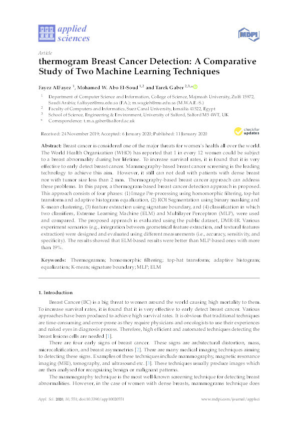 thermogram Breast Cancer Detection : a comparative study of two machine learning techniques Thumbnail