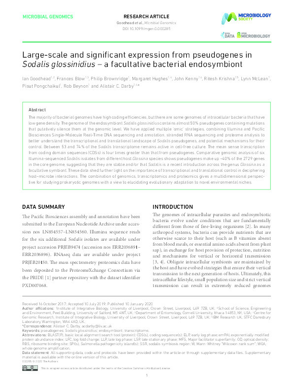 Large-scale and significant expression from pseudogenes in Sodalis glossinidius – a facultative bacterial endosymbiont Thumbnail
