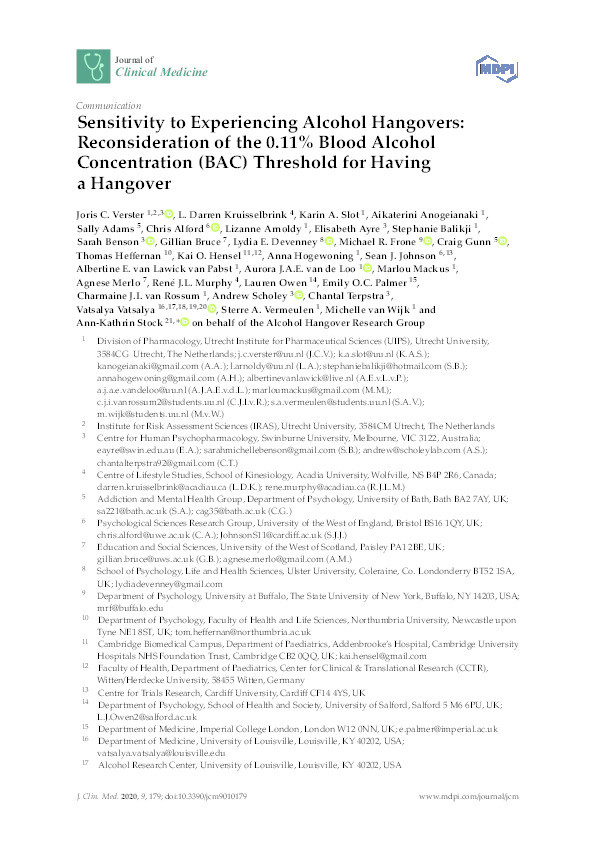 Sensitivity to experiencing alcohol hangovers : reconsideration of the 0.11% Blood Alcohol Concentration (BAC) threshold for having a hangover Thumbnail