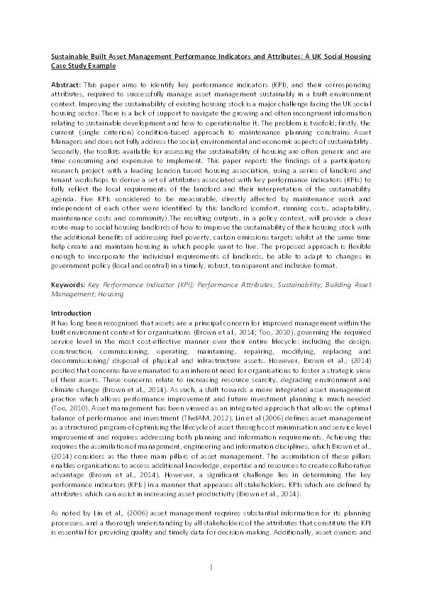 Sustainable built asset management performance indicators and attributes : a UK social housing case study example Thumbnail