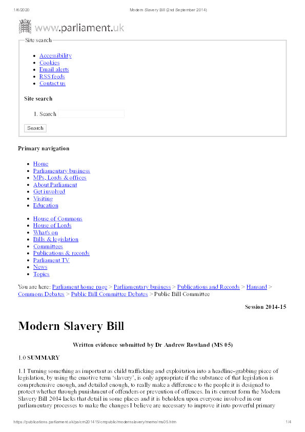 Written evidence submitted by Dr Andrew Rowland to the Public Bill Committee regarding the Modern Slavery Bill Thumbnail