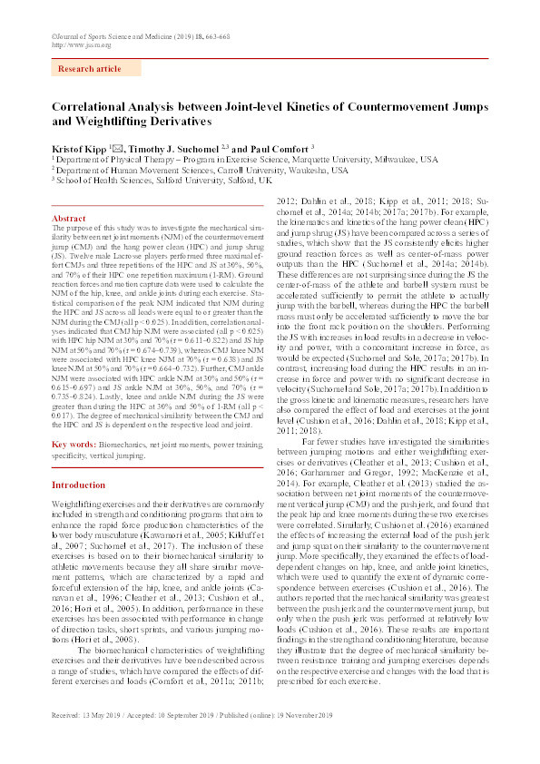 Correlational analysis between joint-level kinetics of countermovement jumps and weightlifting derivatives Thumbnail