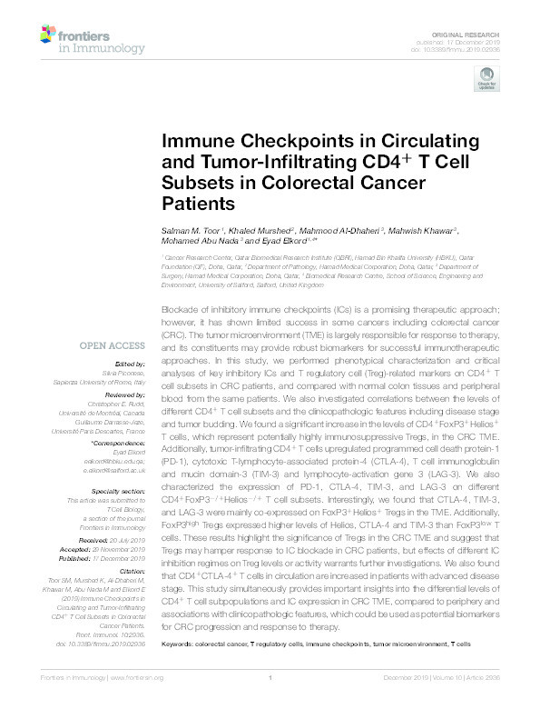 Immune checkpoints in circulating and tumor-Infiltrating CD4 + T Cell Subsets in Colorectal cancer patients Thumbnail