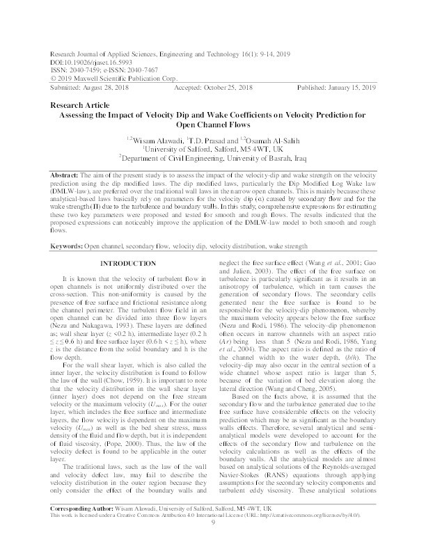 Assessing the impact of velocity dip and wake coefficients on velocity prediction for open channel flows Thumbnail