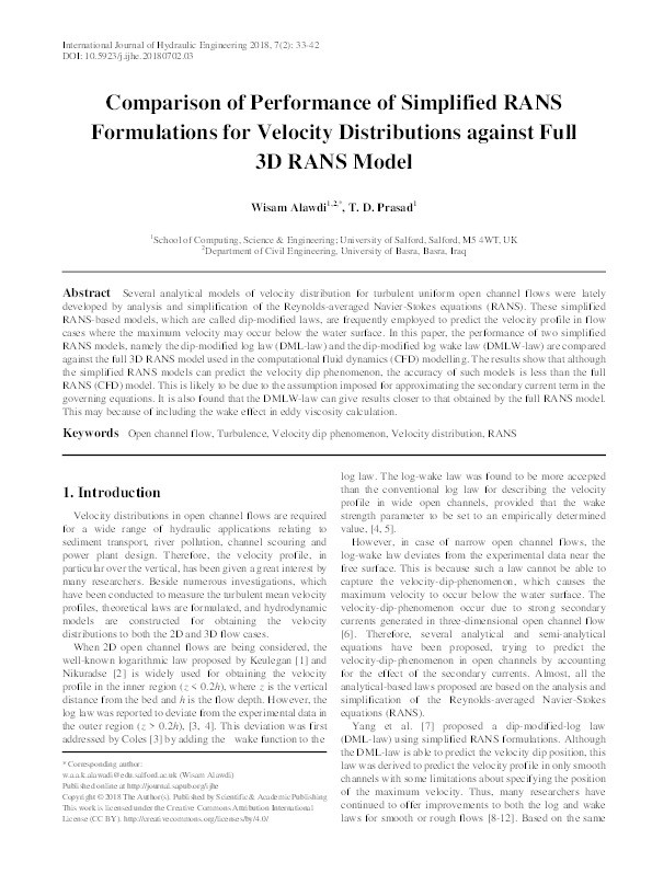 Comparison of performance of simplified RANS formulations for velocity distributions against full 3D RANS model Thumbnail