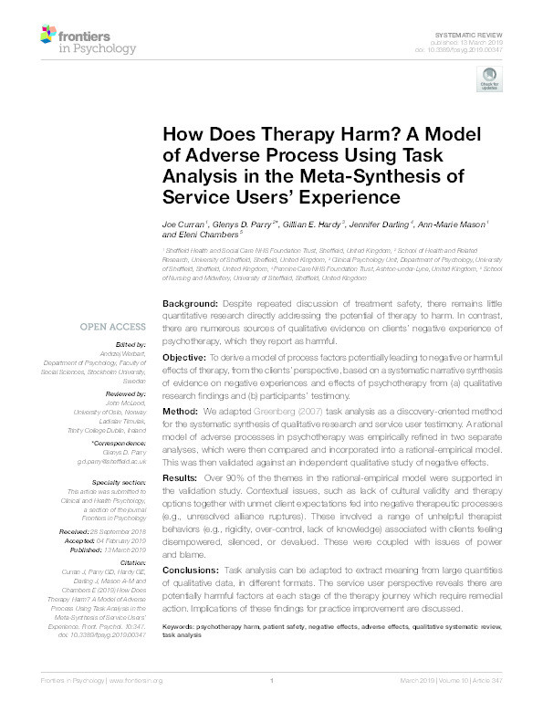 How Does Therapy Harm? A Model of Adverse Process Using Task Analysis in the Meta-Synthesis of Service Users' Experience Thumbnail