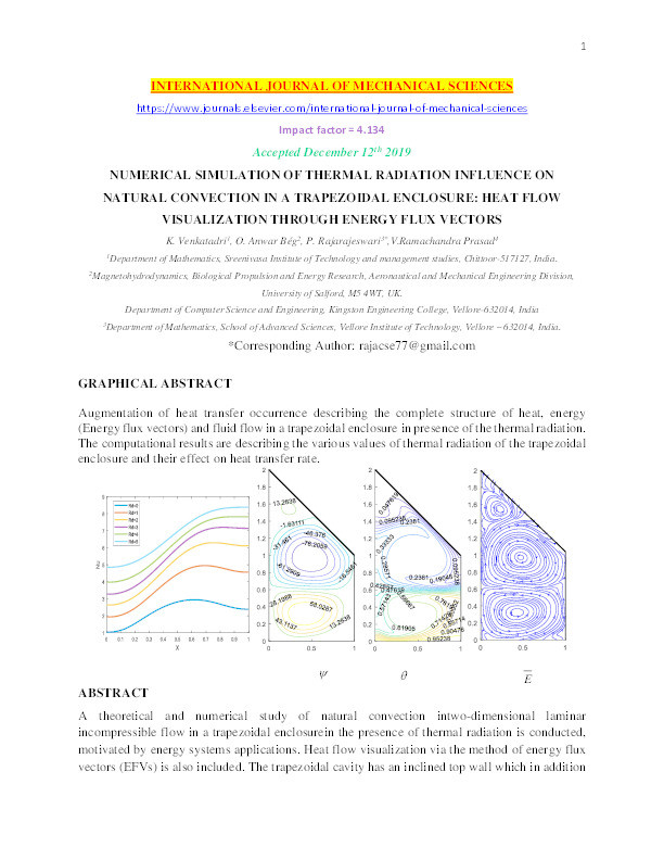 Numerical simulation of thermal radiation influence on natural convection in a trapezoidal enclosure : heat flow visualization through energy flux vectors Thumbnail