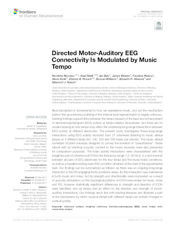 Directed motor-auditory EEG connectivity is modulated by music tempo Thumbnail