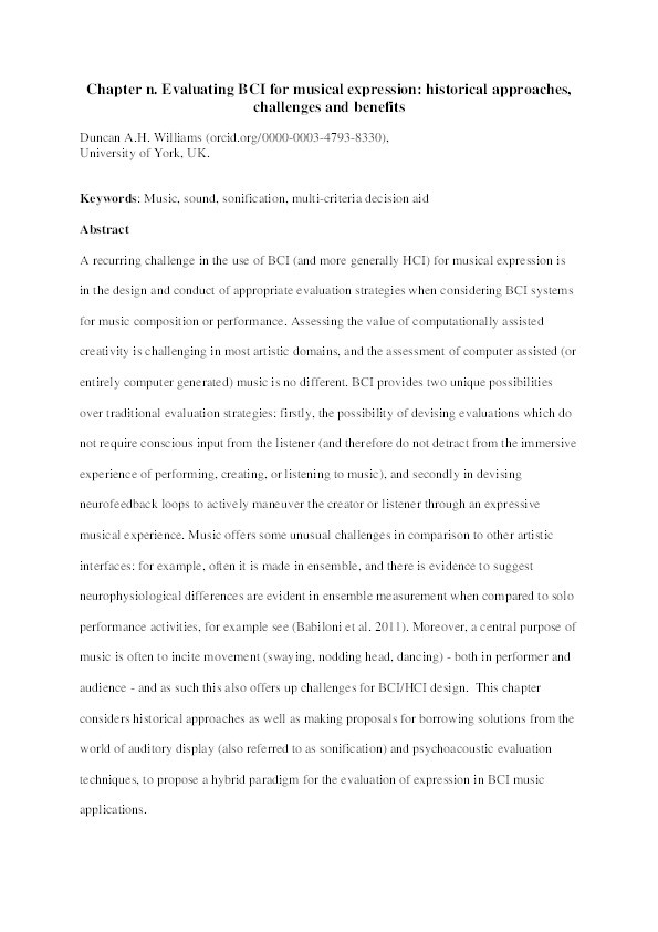 Evaluating BCI for musical expression : historical approaches, challenges and benefits Thumbnail