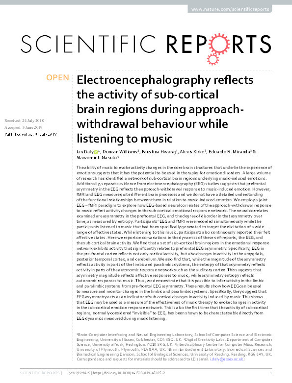 Electroencephalography reflects the activity of sub-cortical brain regions during approach-withdrawal behaviour while listening to music Thumbnail