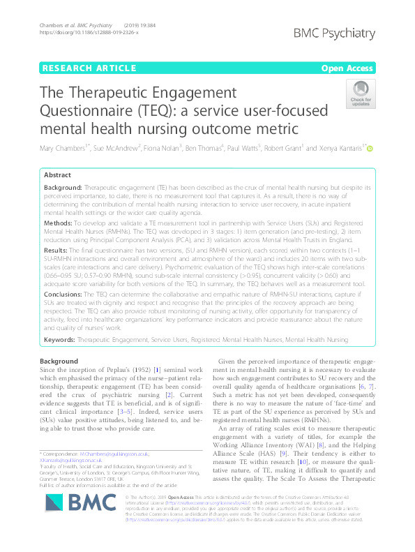 The Therapeutic Engagement Questionnaire (TEQ) : a service user-focused mental health nursing outcome metric Thumbnail