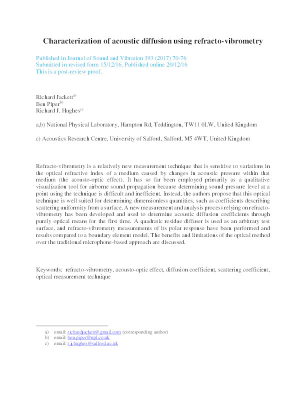 Characterization of acoustic diffusion using refracto-vibrometry Thumbnail