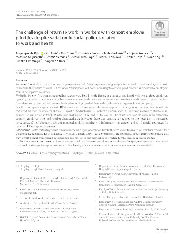 The challenge of return to work in workers with cancer : employer priorities despite variation in social policies related to work and health Thumbnail