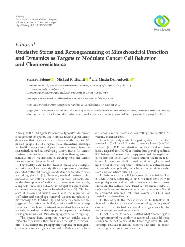 Oxidative stress and reprogramming of mitochondrial function and dynamics as targets to modulate cancer cell behavior and chemoresistance Thumbnail