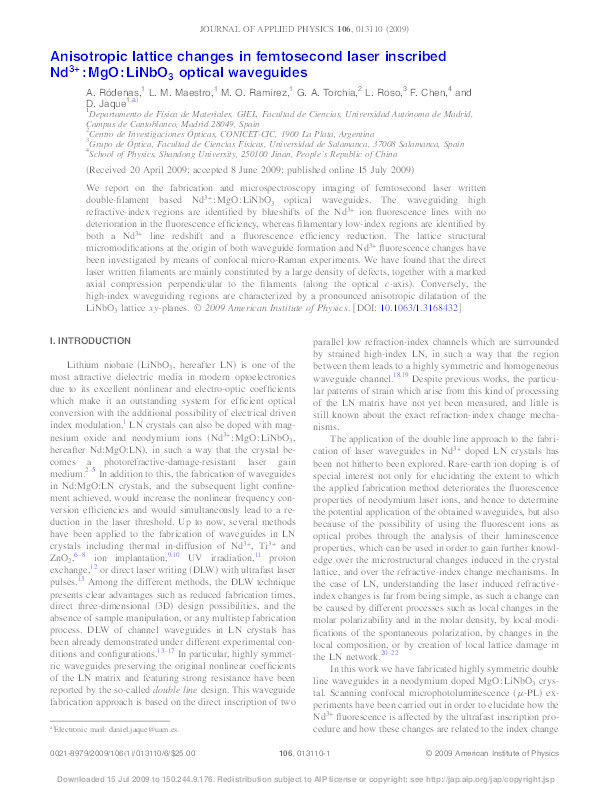 Anisotropic lattice changes in femtosecond laser inscribed
Nd3+:MgO:LiNbO3 optical waveguides Thumbnail
