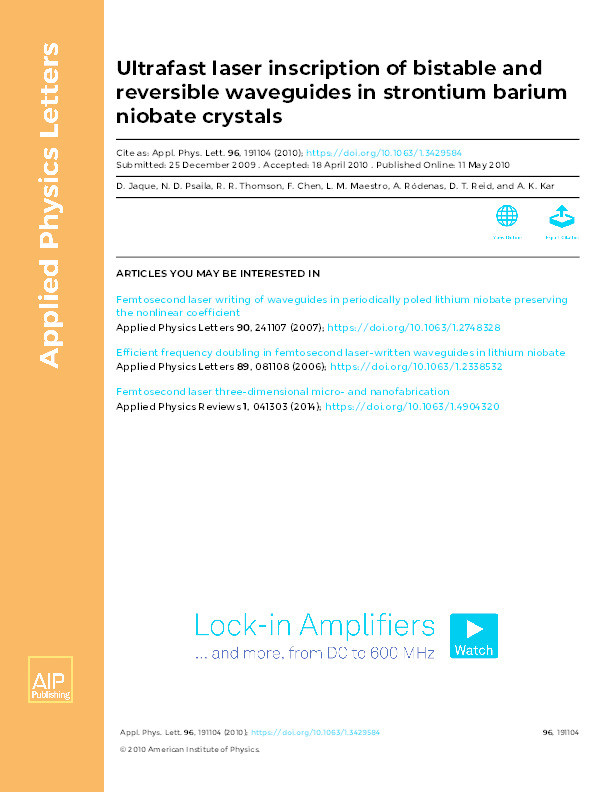 Ultrafast laser inscription of bistable and reversible waveguides in strontium barium niobate crystals Thumbnail